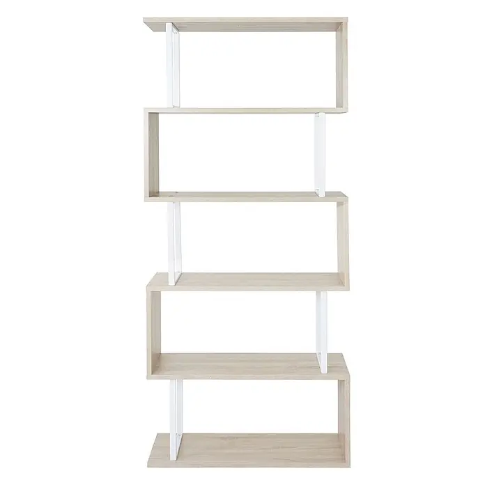 Bücherregal 183x80x30cm 3D-Struktur 5 Ebenen Eiche-Optik Metall Weiß -  - Helles Holz S-förmiges Bücherregal mit weißen Metallstützen, bietet mehrstufigen Stauraum.