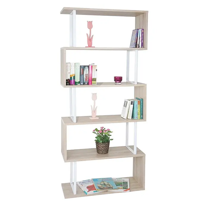 Bücherregal 183x80x30cm 3D-Struktur 5 Ebenen Eiche-Optik Metall Weiß -  - Stilvolles S-förmiges Bücherregal mit hellen Eichendekor-Ablagen und weißem Metallrahmen, bietet viel Stauraum.