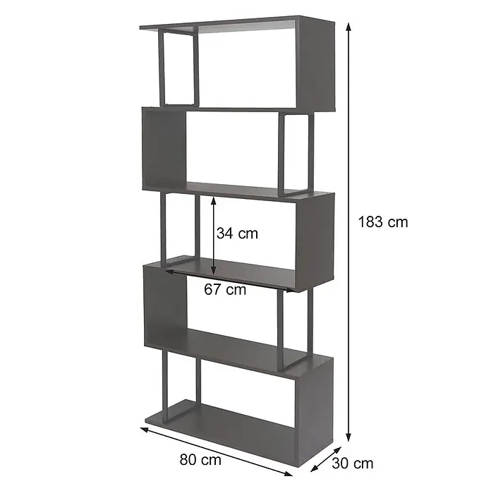 Bücherregal 183x80x30cm 3D-Struktur 5 Ebenen Eiche-Optik Metall Weiß -  - Dunkelgraues, modernes offenes Regal mit geometrischem Design und Fächern unterschiedlicher Größe. Gesamtmaße 183x80x30 cm.