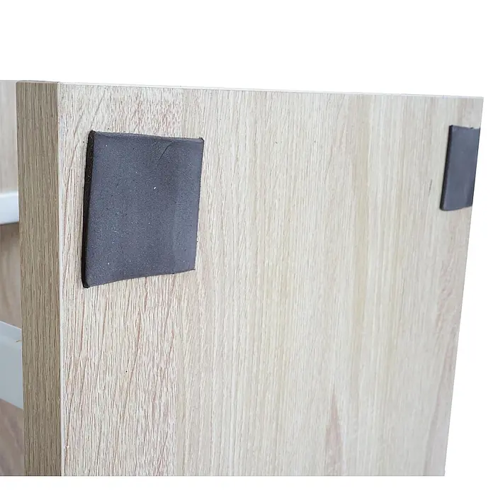 Bücherregal 183x80x30cm 3D-Struktur 5 Ebenen Eiche-Optik Metall Weiß -  - Dunkelgraue rechteckige Schaumstoffpolster auf hellem Holzfurnier zur Dämpfung.