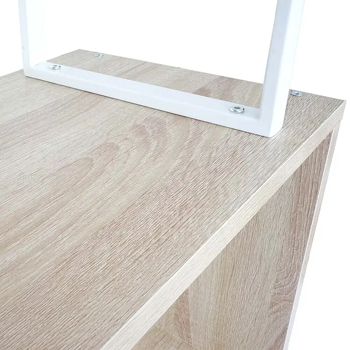Bücherregal 183x80x30cm 3D-Struktur 5 Ebenen Eiche-Optik Metall Weiß -  - Nahaufnahme einer hellen Holzdekor-Möbeloberfläche mit weißem Metallrahmen, der mit Schrauben befestigt ist.
