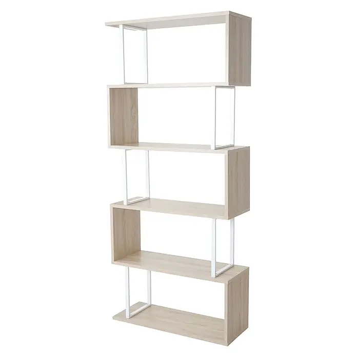 Bücherregal 183x80x30cm 3D-Struktur 5 Ebenen Eiche-Optik Metall Weiß -  - Fünfstöckiges Zickzack-Regal mit hellen Holzoptik-Böden und weißen Metallstützen.