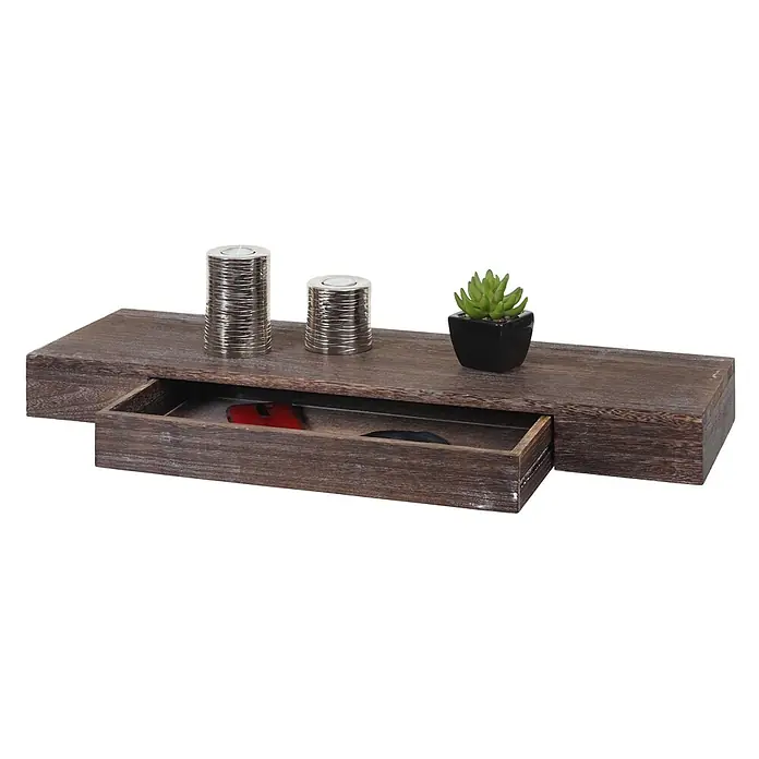 Wandregal 8x80x25cm Schweberegal Wandboard Regal Massiv-Holz Braun -  - Dunkelbraunes, verwittertes Holz-Schweberegal mit Schublade, darauf Deko und kleine Gegenstände.