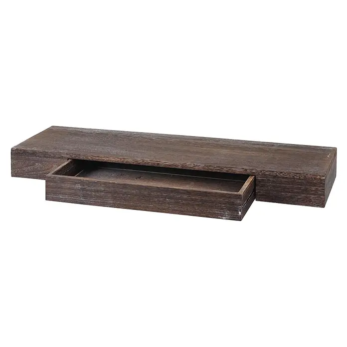 Wandregal 8x80x25cm Schweberegal Wandboard Regal Massiv-Holz Braun -  - Dunkle, patinierte Holzschatulle mit leicht geöffneter Schublade.