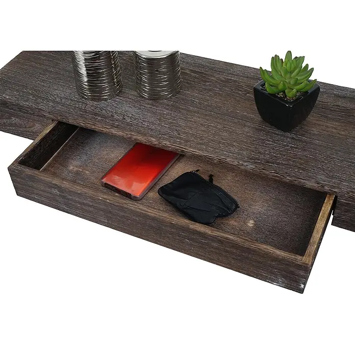 Wandregal 8x80x25cm Schweberegal Wandboard Regal Massiv-Holz Braun -  - Konsole aus Altholz mit offener Schublade, in der ein Telefon und eine kleine Tasche liegen.