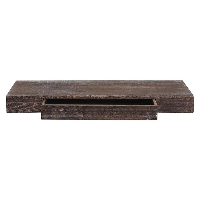 Wandregal 8x80x25cm Schweberegal Wandboard Regal Massiv-Holz Braun -  - Dunkelbraunes Holz-Wandregal im Used-Look mit leicht geöffneter Schublade.