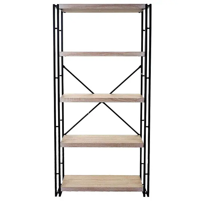 Bücherregal 165x80x30cm 3D-Struktur 5 Ebenen Eiche-Optik -  - Bücherregal mit schwarzem Metallgestell und fünf hellen Holzablagen.