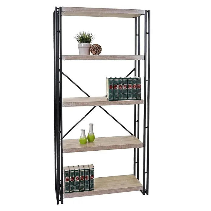 Bücherregal 165x80x30cm 3D-Struktur 5 Ebenen Eiche-Optik -  - Industrielles Bücherregal aus schwarzem Metall und hellem Holz mit fünf Ablagen zur Aufbewahrung.