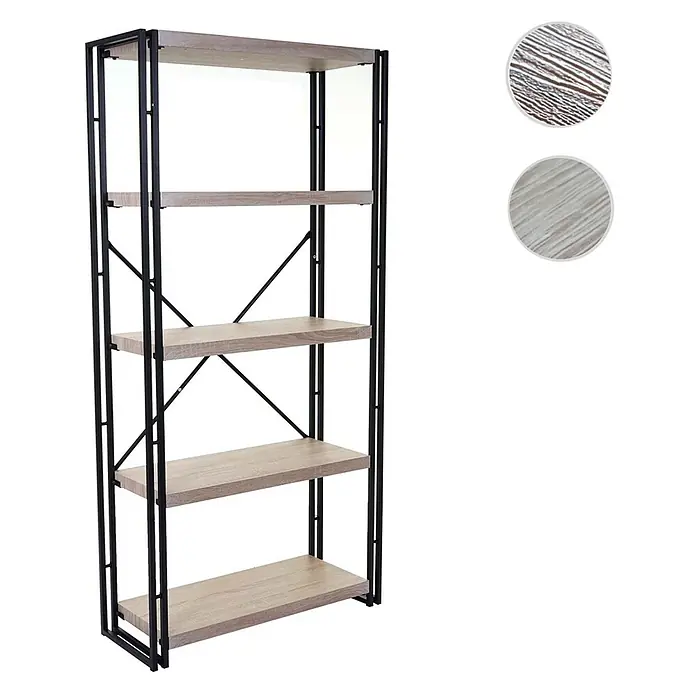 Bücherregal 165x80x30cm 3D-Struktur 5 Ebenen Eiche-Optik -  - Fünfstufiges Industrieregal mit schwarzem Metallrahmen und hellen Holzoptik-Regalböden.