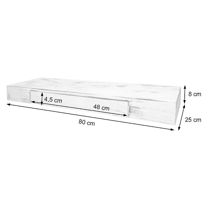 Wandregal 8x80x25cm Schublade Massiv-Holz Weiß Schweberegal Wandboard -  - Weißes Holzregal im Shabby-Chic, 80x25x8 cm, mit 48x4,5 cm Befestigungsaussparung.
