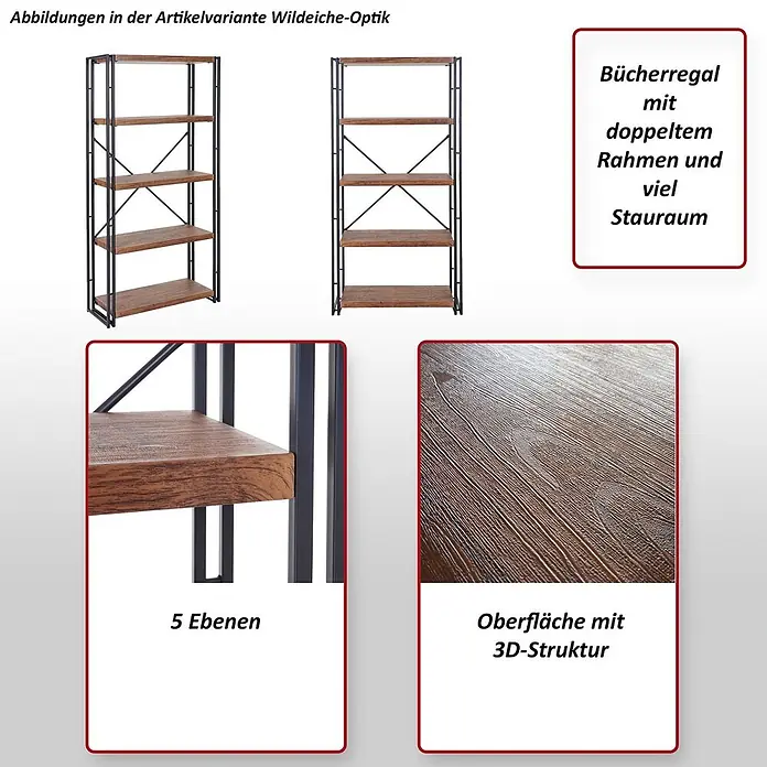 Bücherregal 165x80x30cm 3D-Struktur 5 Ebenen Eiche-Optik -  - Bücherregal mit 5 Ebenen in Wildeiche-Optik, schwarzem Metallrahmen und 3D-Struktur für viel Stauraum.