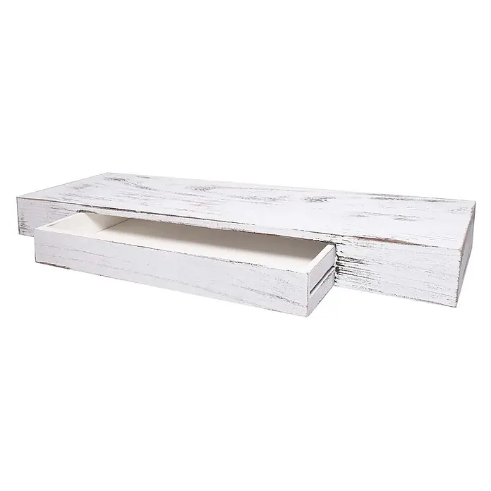 Wandregal 8x80x25cm Schublade Massiv-Holz Weiß Schweberegal Wandboard -  - Rustikales weißes Holz-Wandregal mit geöffneter Schublade.
