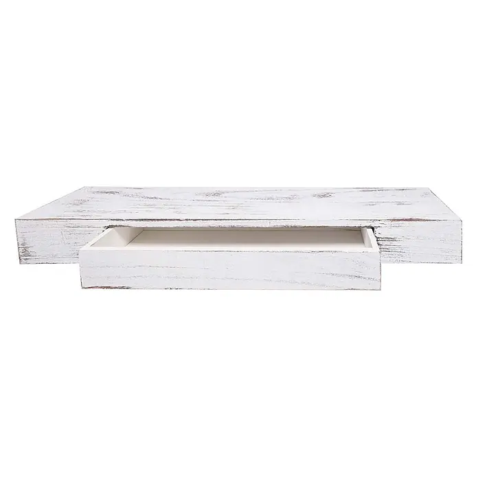 Wandregal 8x80x25cm Schublade Massiv-Holz Weiß Schweberegal Wandboard -  - Weißes Holzregal im Used-Look mit teilweise geöffneter Schublade.
