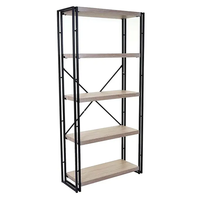 Bücherregal 165x80x30cm 3D-Struktur 5 Ebenen Eiche-Optik -  - Fünfstöckiges Regal mit schwarzem Metallrahmen und hellen Holzmaserungsböden, mit Kreuzstrebe für Stabilität.