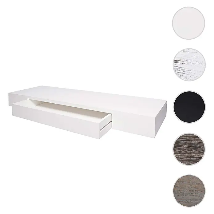 Wandregal 8x80x25cm Schublade Massiv-Holz Weiß Schweberegal Wandboard -  - Weißes schwebendes Regal mit teilweise geöffneter Schublade und mehreren Farb- und Texturmuster.