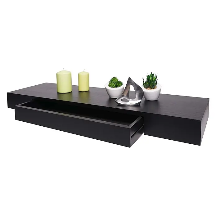 Wandregal 8x80x25cm Schublade Massiv-Holz Schwarz Schweberegal -  - Schwarzes schwebendes Holzregal mit ausziehbarer Schublade, zur Dekoration genutzt.