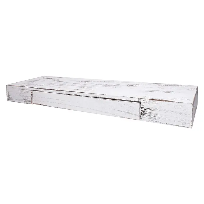 Wandregal 8x80x25cm Schublade Massiv-Holz Weiß Schweberegal Wandboard -  - Weiß gekalktes Holzregal mit mehrschichtiger Front und rustikalem Finish.