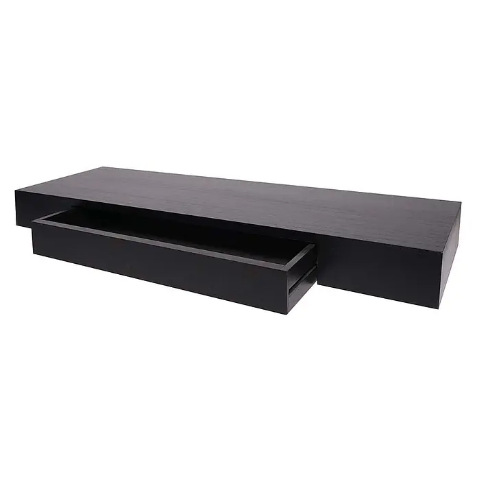 Wandregal 8x80x25cm Schublade Massiv-Holz Schwarz Schweberegal -  - Schwarzes Holz-Wandregal mit teilweise geöffneter Schublade.