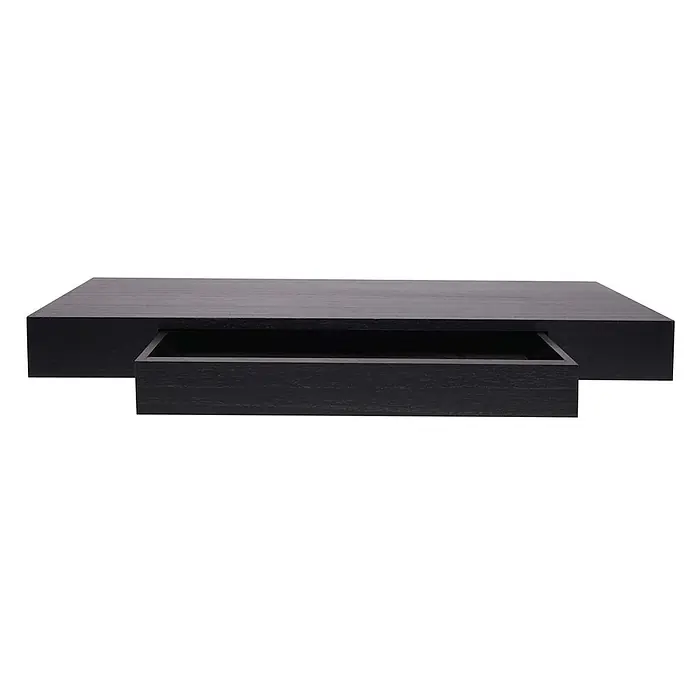 Wandregal 8x80x25cm Schublade Massiv-Holz Schwarz Schweberegal -  - Schwarzes Wandregal mit teilweise geöffneter Schublade und Holzmaserung.
