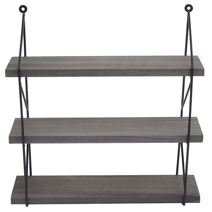 Wandregal 40x40x13cm 3 Regalböden Metall Massiv-Holz Dunkelgrau Regal -  - Dreistufiges Hängeregal aus grauem Holz mit schwarzem Metallrahmen.