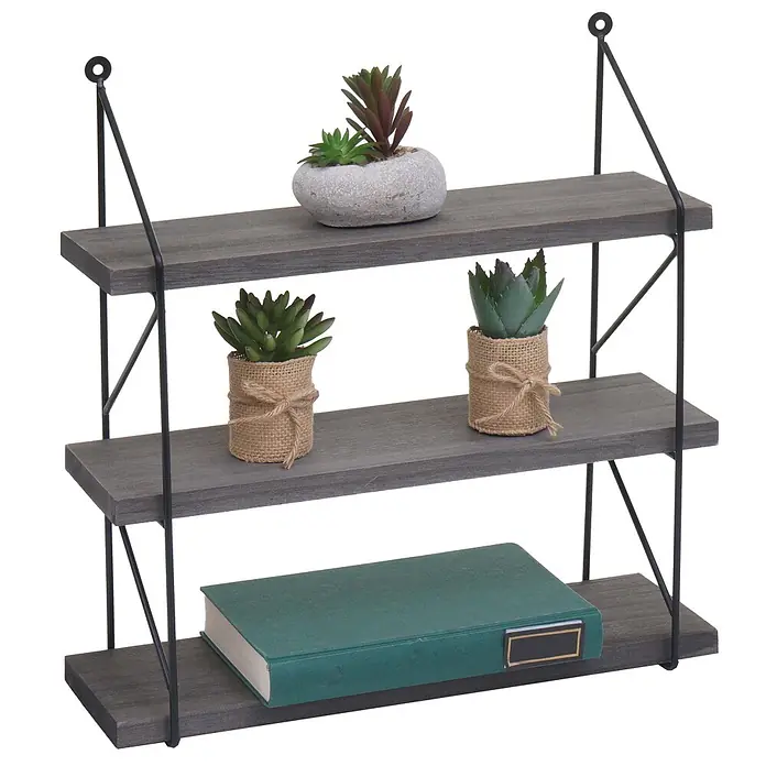 Wandregal 40x40x13cm 3 Regalböden Metall Massiv-Holz Dunkelgrau Regal -  - Dreistöckiges Hängeregal aus dunkelgrauem Holz und schwarzem Metallrahmen, dekoriert mit kleinen Pflanzen und einem Buch.