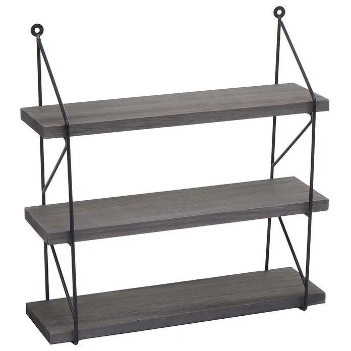 Wandregal 40x40x13cm 3 Regalböden Metall Massiv-Holz Dunkelgrau Regal -  - Dreistufiges Hängeregal mit dunkelgrauen Holzoptik-Böden und schwarzem Metallrahmen.