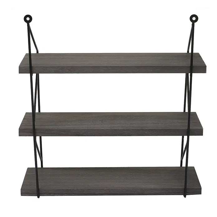 Wandregal 40x40x13cm 3 Regalböden Metall Massiv-Holz Dunkelgrau Regal -  - Dunkelgraues dreistufiges Wandregal mit schwarzem Metallrahmen.