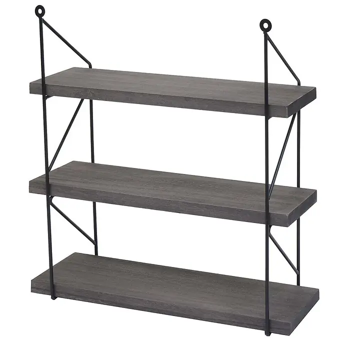 Wandregal 40x40x13cm 3 Regalböden Metall Massiv-Holz Dunkelgrau Regal -  - Dreistöckiges Wandregal mit dunkelgrauen Holzablagen und schwarzem Metallhängerahmen.