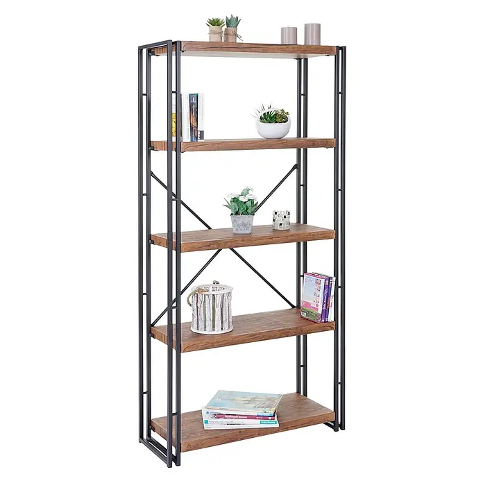 Bücherregal 165x80x30cm 3D-Struktur 5 Ebenen Wildeiche-Optik -  - Hohes Bücherregal im Industriestil mit fünf braunen Holzablagen und schwarzem Metallrahmen, präsentiert Bücher und Dekoartikel.