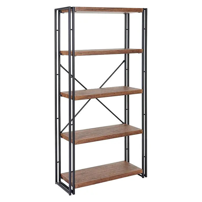 Bücherregal 165x80x30cm 3D-Struktur 5 Ebenen Wildeiche-Optik -  - Fünfstufiges Bücherregal im Industriestil mit dunklen Holzoptik-Regalböden und schwarzem Metallrahmen mit X-Verstrebungen.