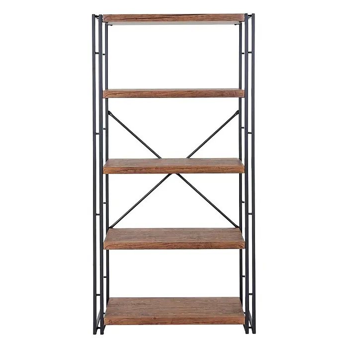 Bücherregal 165x80x30cm 3D-Struktur 5 Ebenen Wildeiche-Optik -  - Bücherregal im Industriestil mit fünf braunen Holzregalen und einem dunklen Metallrahmen mit X-förmigen Stützstangen.