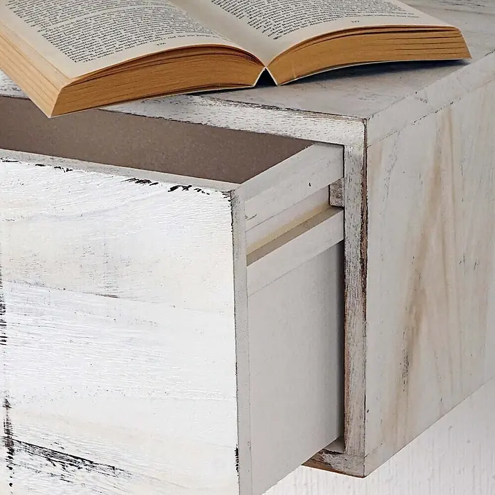 Wandregal 21x46x30cm Shabby-Look Vintage Weiß Schubladen-Regal -  - Weißes Wandregal aus Altholz mit geöffneter Schublade und offenem Buch darauf.