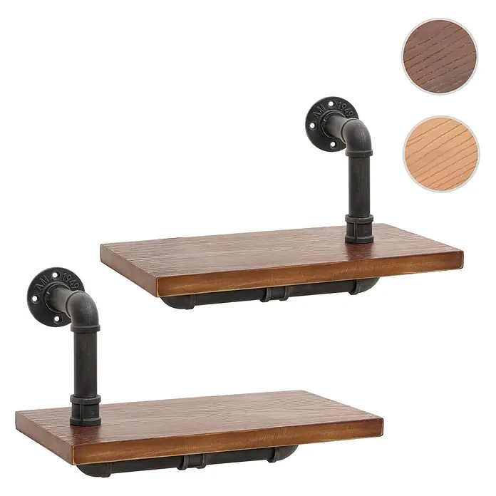 2er-Set Wandregal 29x45x25cm 3D-Struktur Industrial Stahl Massiv-Holz Braun -  - Zwei dunkelbraune Holzregale mit schwarzen Industrie-Rohrhalterungen, beschriftet 'AMO 1949', zur Wandmontage. Das Bild zeigt dunkle und helle Holzmaserungsproben.