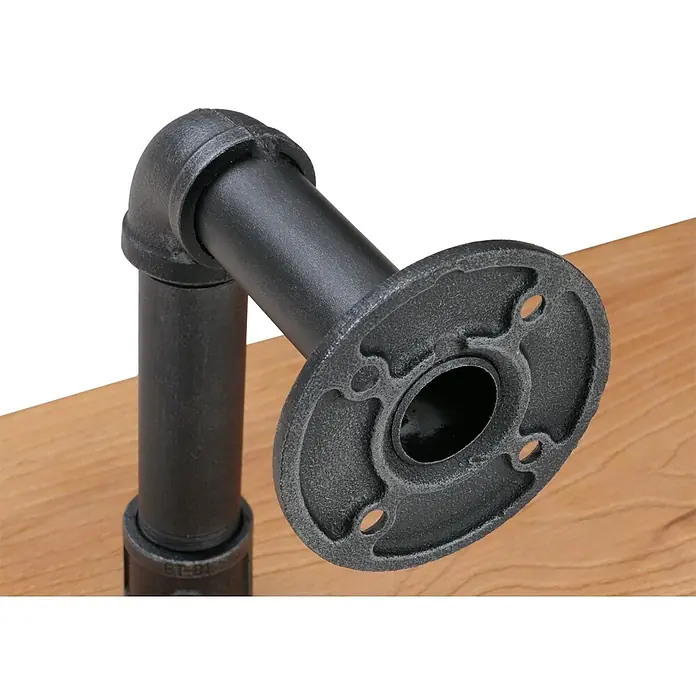 2er-Set Wandregal 29x45x25cm Hängeregal 3D-Struktur Stahl Massiv-Holz Natur -  - Schwarzes Industrierohr-Fitting mit einem Bogen, Rohrstücken und einem runden Montageflansch auf Holz.