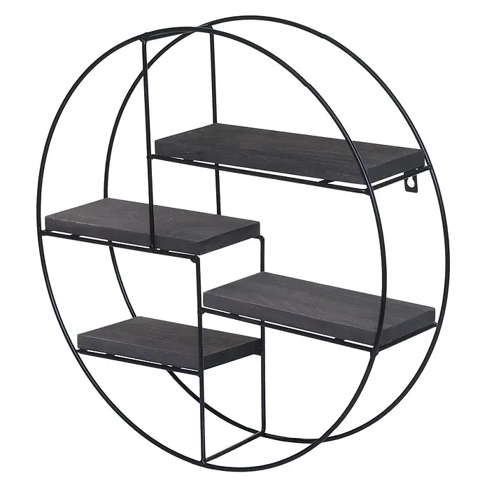 Wandregal 45x45x11cm 4 Regalböden Metall Massiv-Holz Industrial Dunkelgrau -  - Runde Wandregal aus schwarzem Metall mit vier versetzten dunklen Holzablagen.