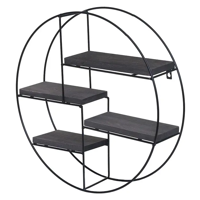 Wandregal 45x45x11cm 4 Regalböden Metall Massiv-Holz Industrial Dunkelgrau -  - Runde schwarze Metall-Wandablage mit vier gestuften Regalböden aus dunklem Holz.