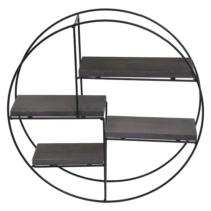 Wandregal 45x45x11cm 4 Regalböden Metall Massiv-Holz Industrial Dunkelgrau -  - Rundes Wandregal aus schwarzem Metall mit dunkelgrauen Holzablagen in Stufenanordnung.
