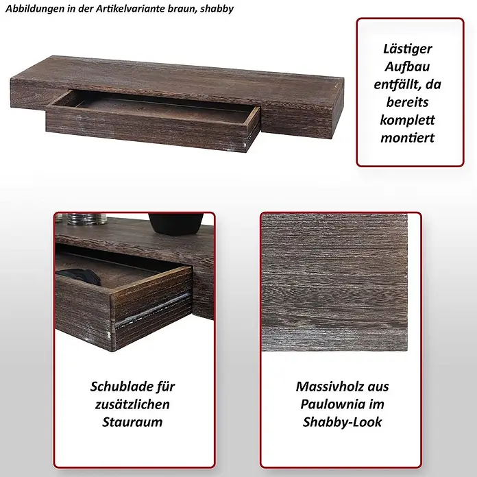 Wandregal 8x80x25cm Schublade Massiv-Holz Weiß Schweberegal Wandboard -  - Braunes Paulownia Massivholz Wandregal im Shabby-Look mit Schublade für zusätzlichen Stauraum, komplett montiert.