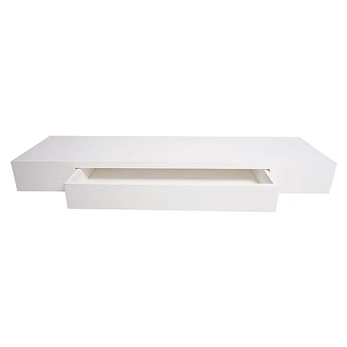 Wandregal 8x80x25cm Schublade Massiv-Holz Weiß Schweberegal Wandboard -  - Weißes schwebendes Regal mit einer teilweise geöffneten Schublade.