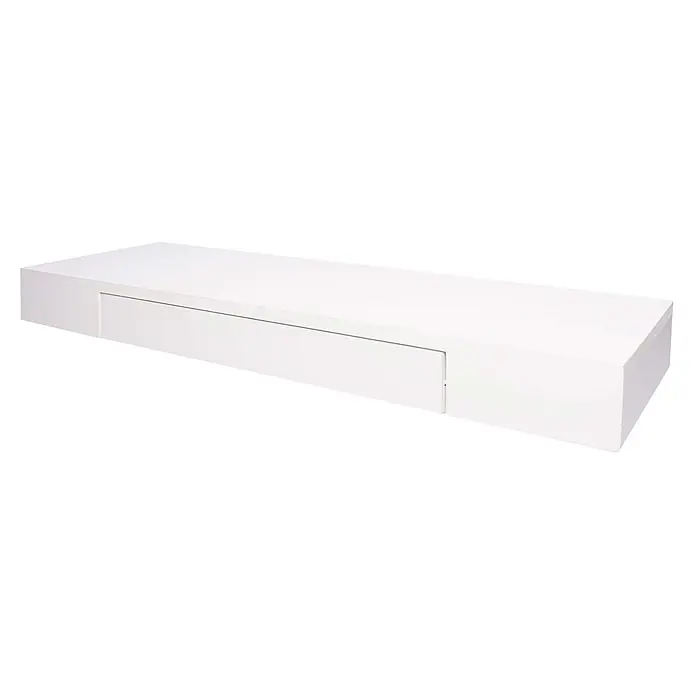 Wandregal 8x80x25cm Schublade Massiv-Holz Weiß Schweberegal Wandboard -  - Weißes rechteckiges schwebendes Wandregal mit Schublade zur Aufbewahrung.