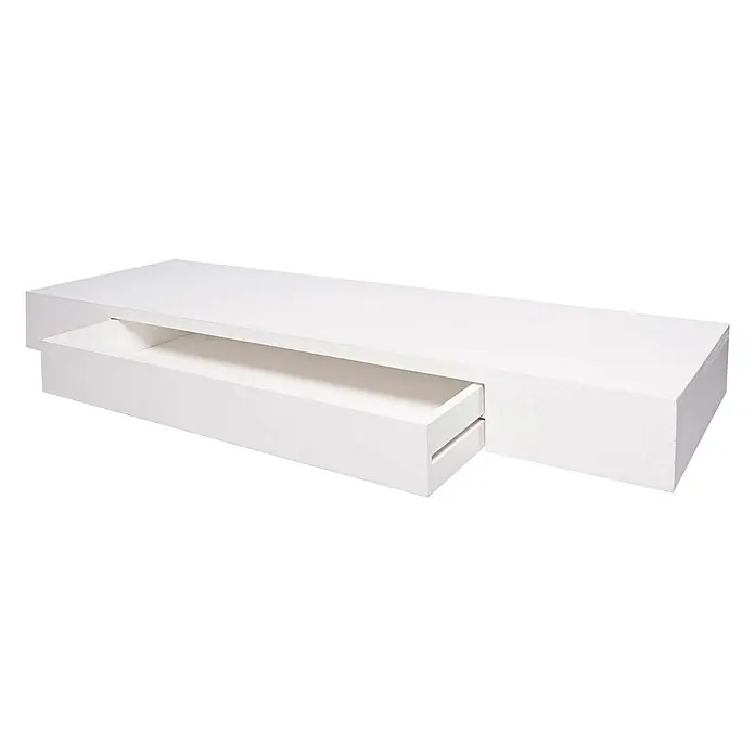 Wandregal 8x80x25cm Schublade Massiv-Holz Weiß Schweberegal Wandboard -  - Weißes schwebendes Regal mit teilweise geöffneter Schublade.