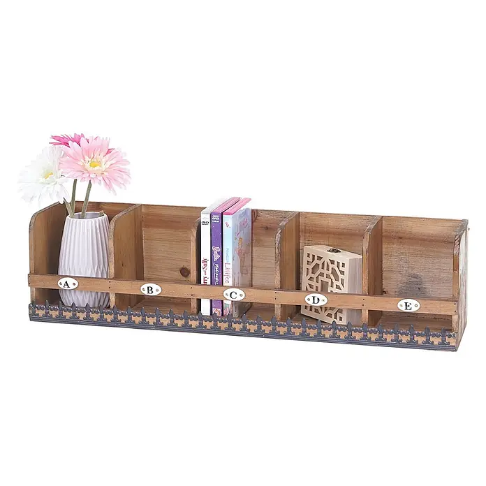 Wandregal 71x18x16cm Tanne Holz massiv Vintage Shabby-Look Hängeregal Regal -  - Rustikales Holzregal mit fünf Fächern und einem dekorativen Metallgeländer. Ideal zur Aufbewahrung kleiner Gegenstände.