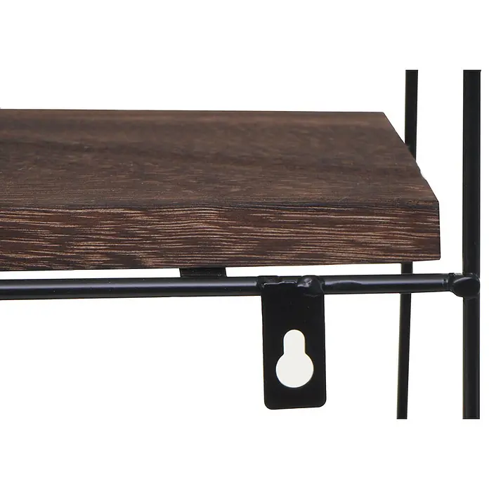 Wandregal 45x45x11cm 4 Regalböden Metall Massiv-Holz Industrial Dunkelbrau -  - Nahaufnahme eines dunkelbraunen Holzregals auf schwarzem Metallrahmen mit Schlüsselloch-Befestigungshalterung.
