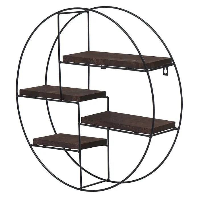 Wandregal 45x45x11cm 4 Regalböden Metall Massiv-Holz Industrial Dunkelbrau -  - Rundes Wandregal mit schwarzem Metallrahmen und dunklen Holzablagen.