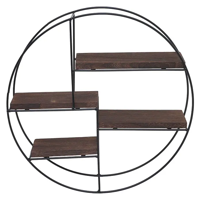 Wandregal 45x45x11cm 4 Regalböden Metall Massiv-Holz Industrial Dunkelbrau -  - Rundes Wandregal mit schwarzem Metallrahmen und vier dunkelbraunen Holzablagen in versetzter Anordnung.