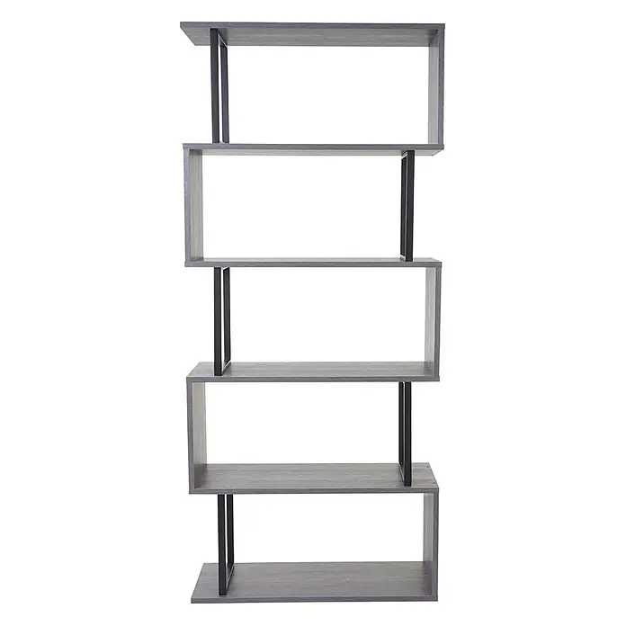 Bücherregal 183x80x30cm Standregal 3D-Struktur 5 Ebenen Grau Metall Schwarz -  - Grau meliertes Zickzack-Bücherregal mit schwarzen Metallstützen für Lagerung oder Präsentation.
