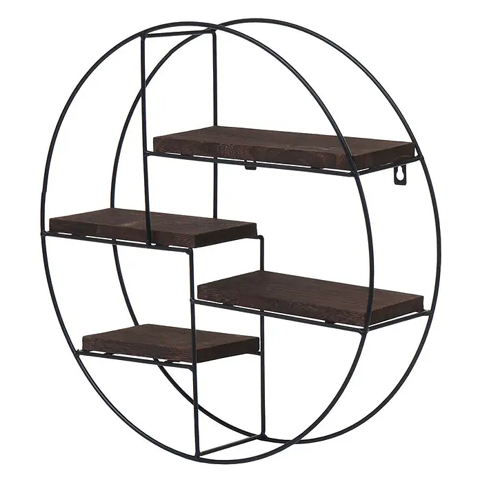 Wandregal 45x45x11cm 4 Regalböden Metall Massiv-Holz Industrial Dunkelbrau -  - Rundes Wandregal mit schwarzem Metallrahmen und vier dunklen Holzablagen.
