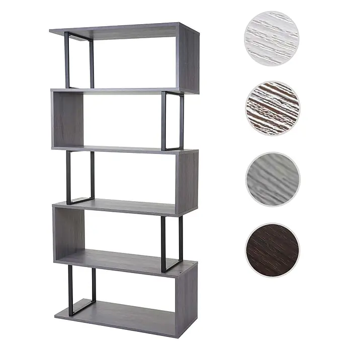 Bücherregal 183x80x30cm Standregal 3D-Struktur 5 Ebenen Grau Metall Schwarz -  - Fünfstufiges S-förmiges Bücherregal mit grauen Holzoptik-Böden und schwarzen Metallstützen.
