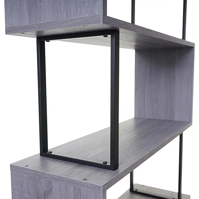Bücherregal 183x80x30cm Standregal 3D-Struktur 5 Ebenen Grau Metall Schwarz -  - Graues Holzregal mit schwarzen Metallstützen, offenes, gestaffeltes Design für Stauraum.