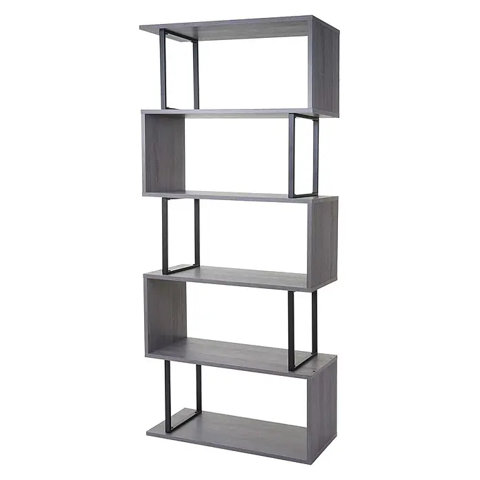 Bücherregal 183x80x30cm Standregal 3D-Struktur 5 Ebenen Grau Metall Schwarz -  - Moderner 5-stufiger Bücherregal in Grau-Holzoptik mit versetzten Regalböden und schwarzen Metallrahmen, ideal zur Aufbewahrung.